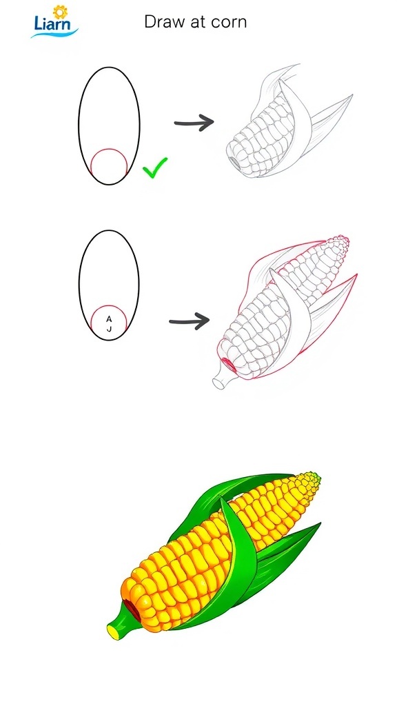Simple Corn Drawing Guide Step-by-step illustration of drawing corn, showing the cob, kernels, and leaves.